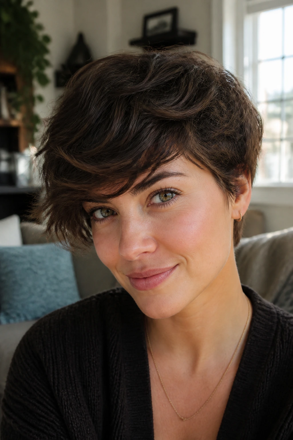 Close-up portrait of a real woman with a bixie haircut and a side-swept fringe in warm window light.