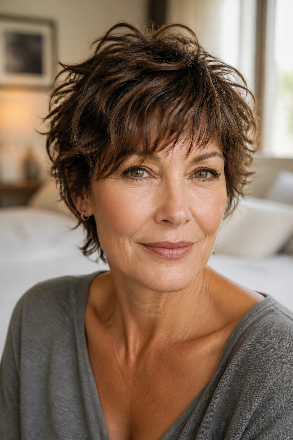 Close-up portrait of a real woman with a tousled bixie fringe on wavy hair by a window