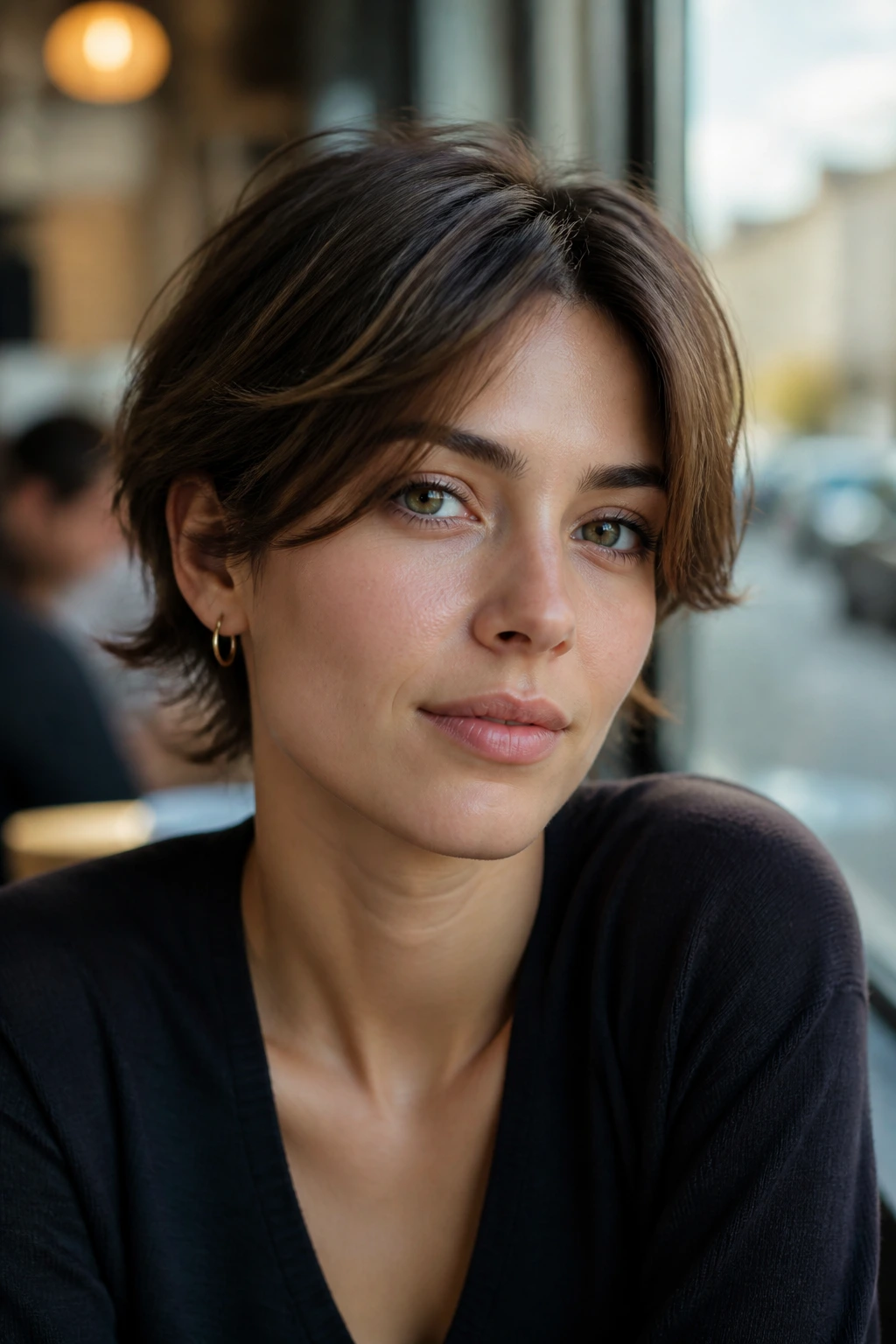 Portrait of a woman with a grown-out bixie hairstyle