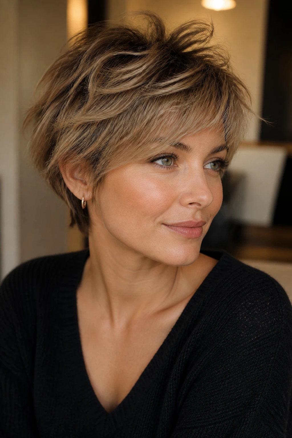 Portrait of a person with a choppy bixie and crown lift