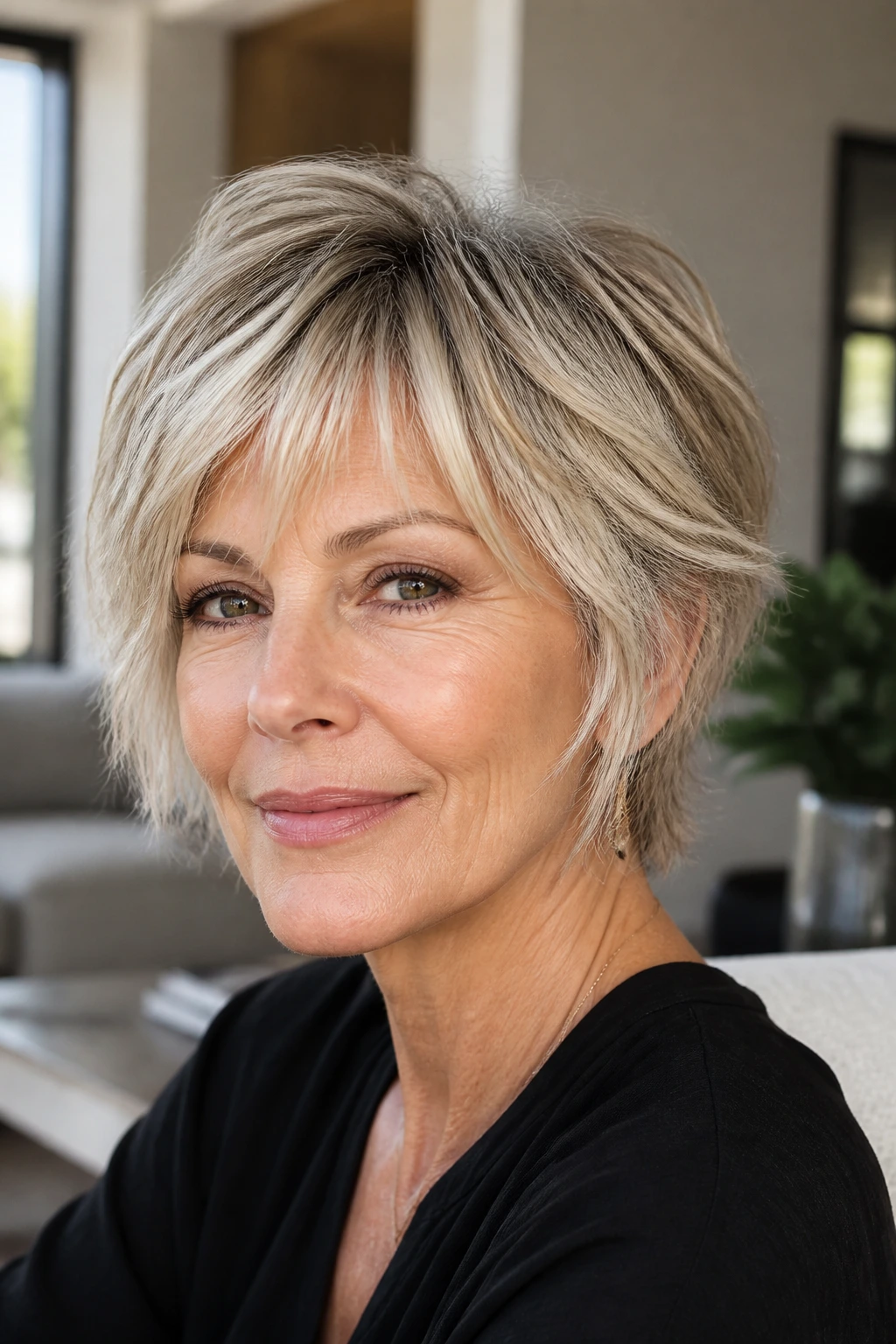 Close-up portrait of a real woman with a feathered bixie cut in bright home lighting