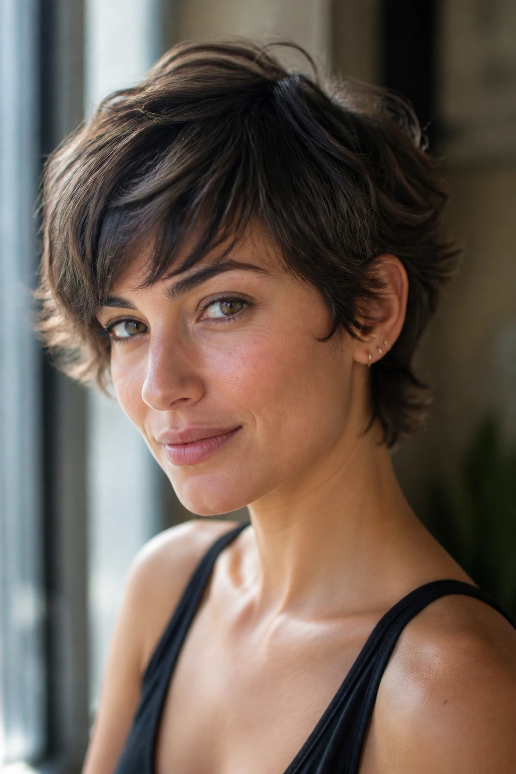 Close-up of a real woman with a bixie cut and feathered ends