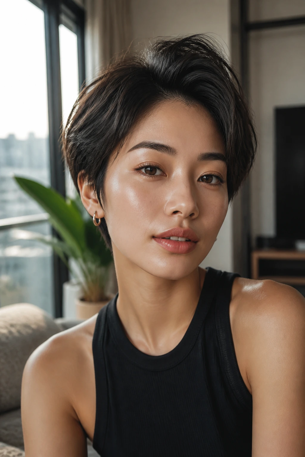 Portrait of person with bixie haircut and long crown pieces