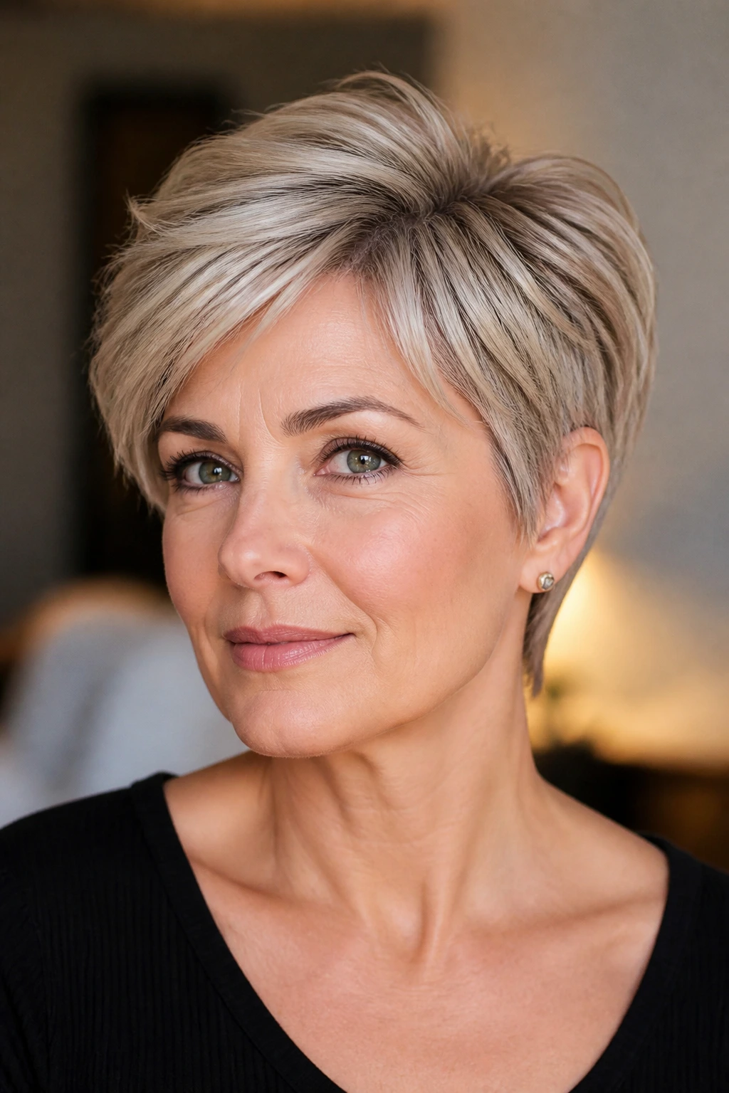 Portrait of a real woman in her 50s with a bixie haircut