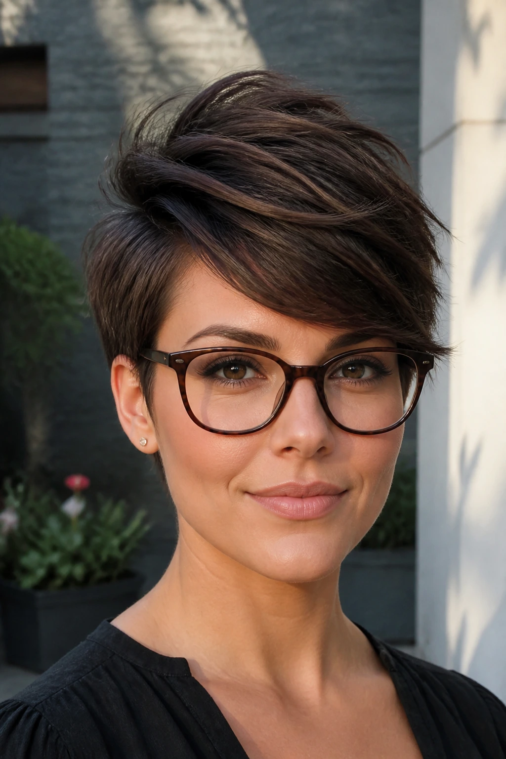 Bixie haircut with high crown and side-swept bangs on a real person