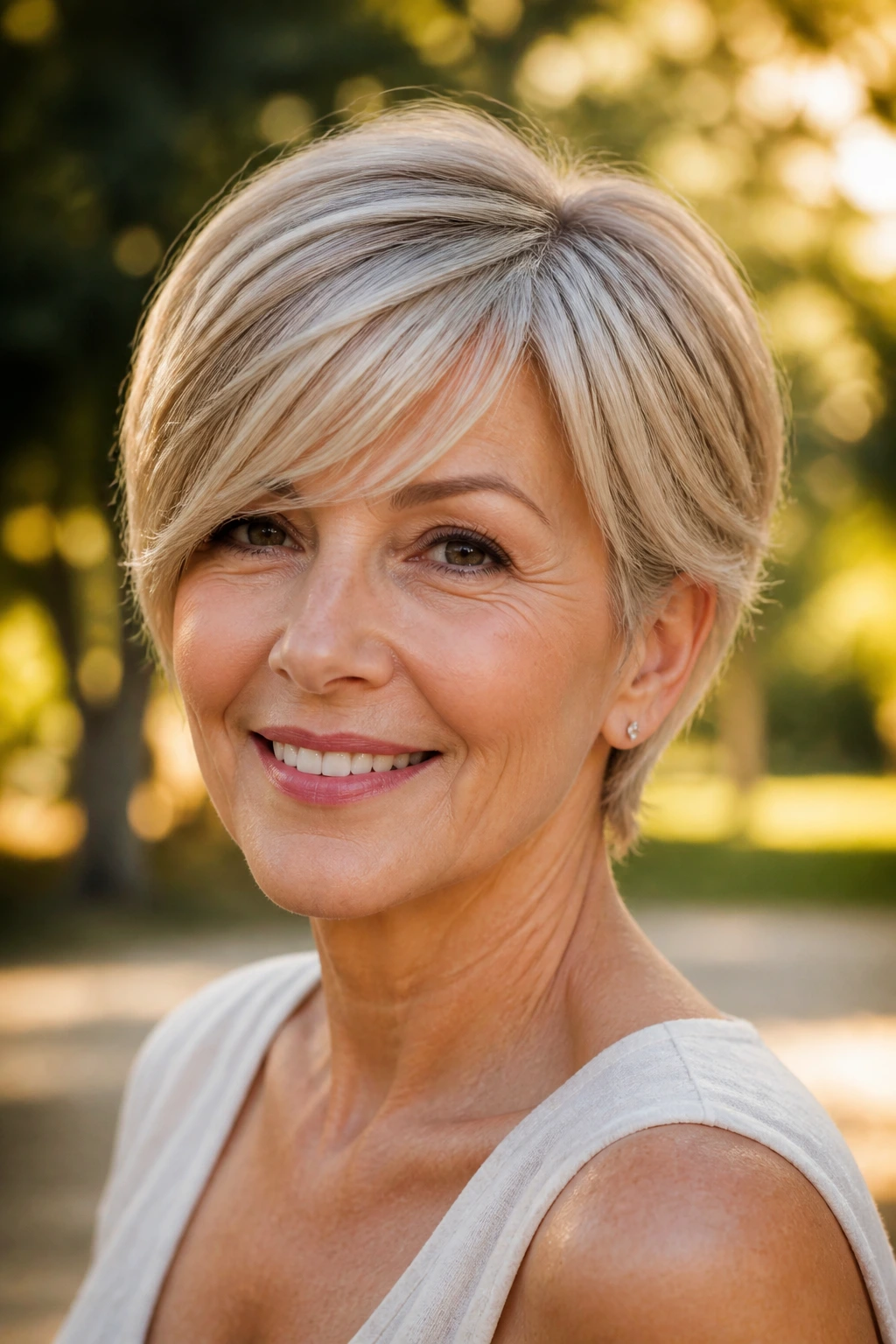 Portrait of a real woman with bixie haircut and side-swept fringe