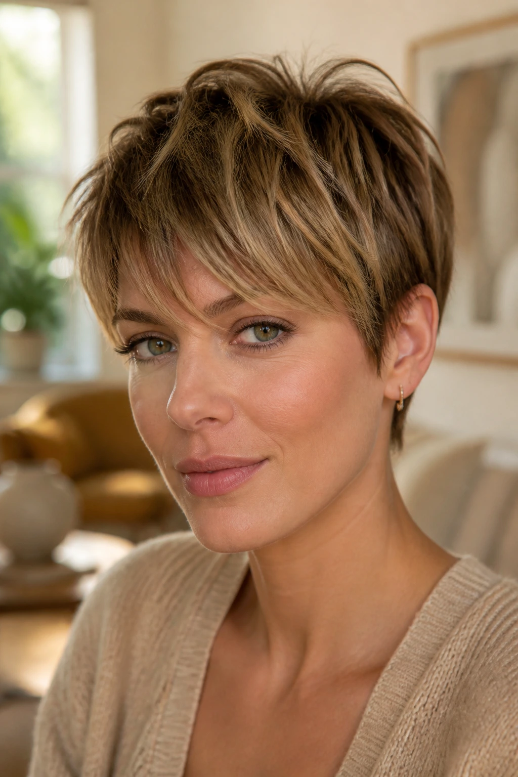 Close-up portrait of a real woman with a bixie haircut featuring a short nape and textured fringe