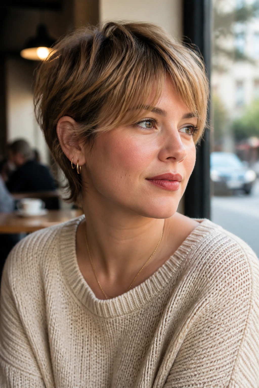 Portrait of a woman with a bixie cut featuring ear-length hair and tapered nape.