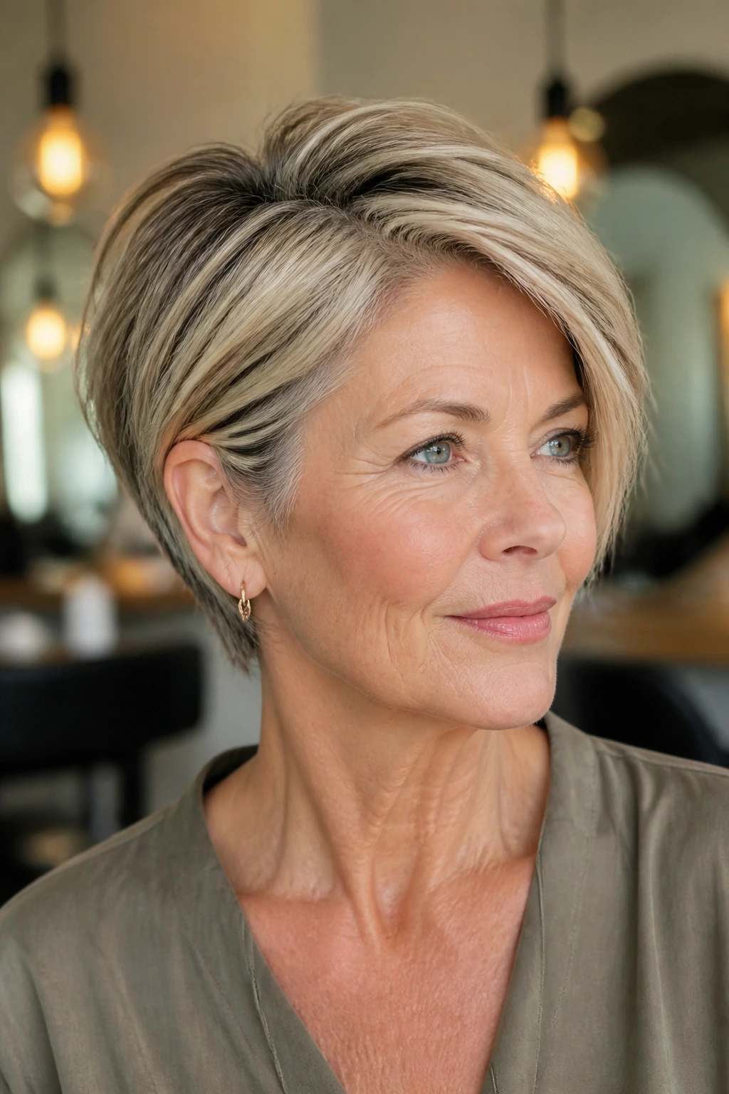 Close-up portrait of a real woman with a bixie cut and longer top in a warm salon setting