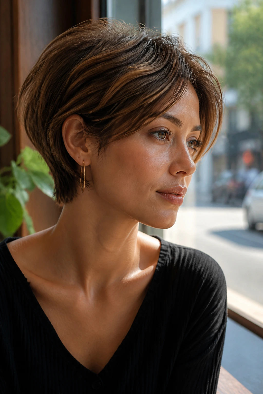 Medium close-up of a woman with bixie haircut and soft nape in cafe light