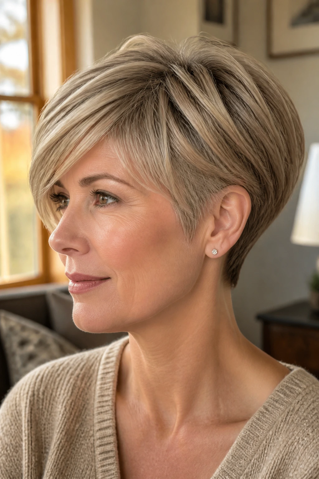 Close-up portrait of a real woman with a bixie haircut featuring tapered sides and a longer top