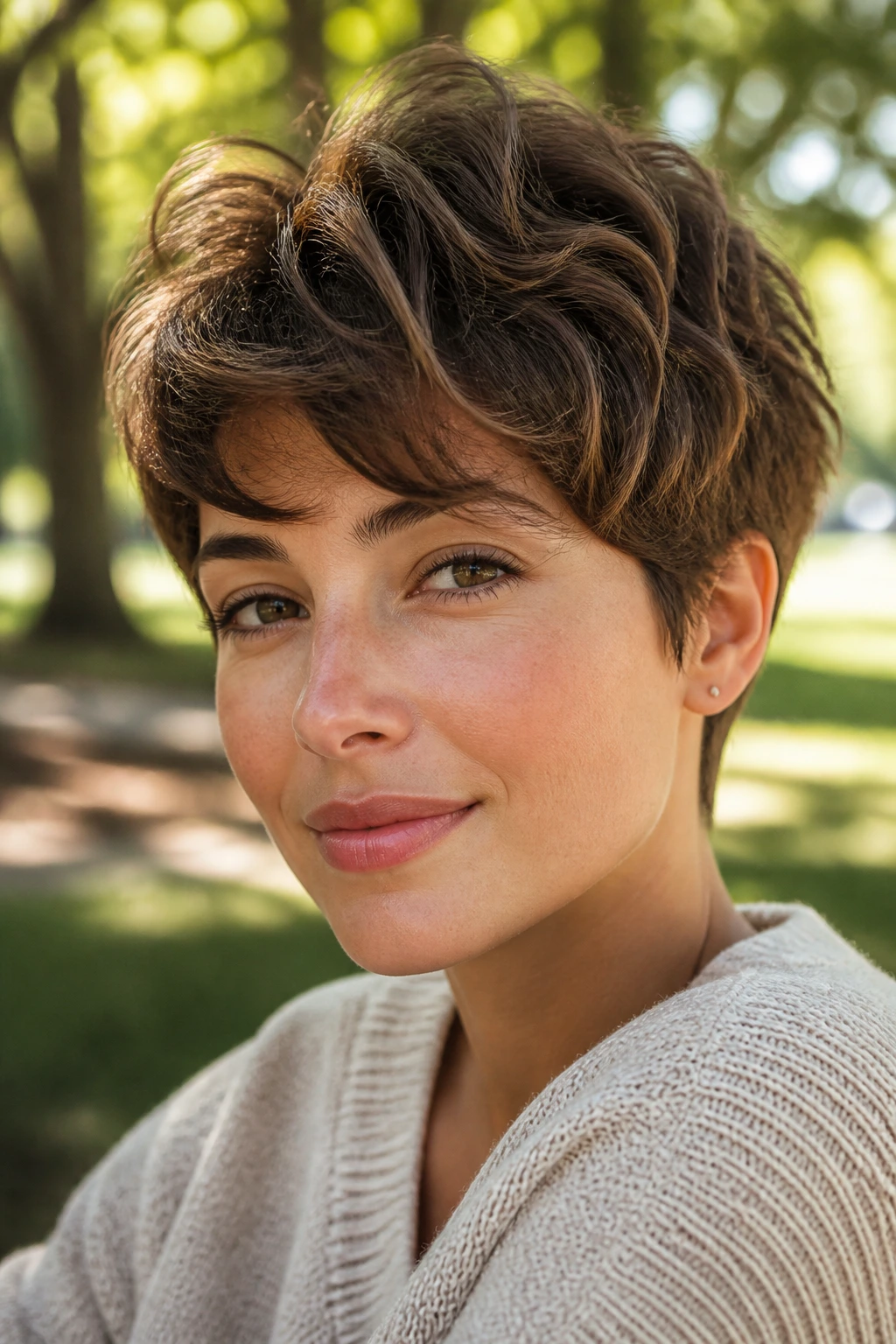 Real woman with bixie haircut in an outdoor park setting