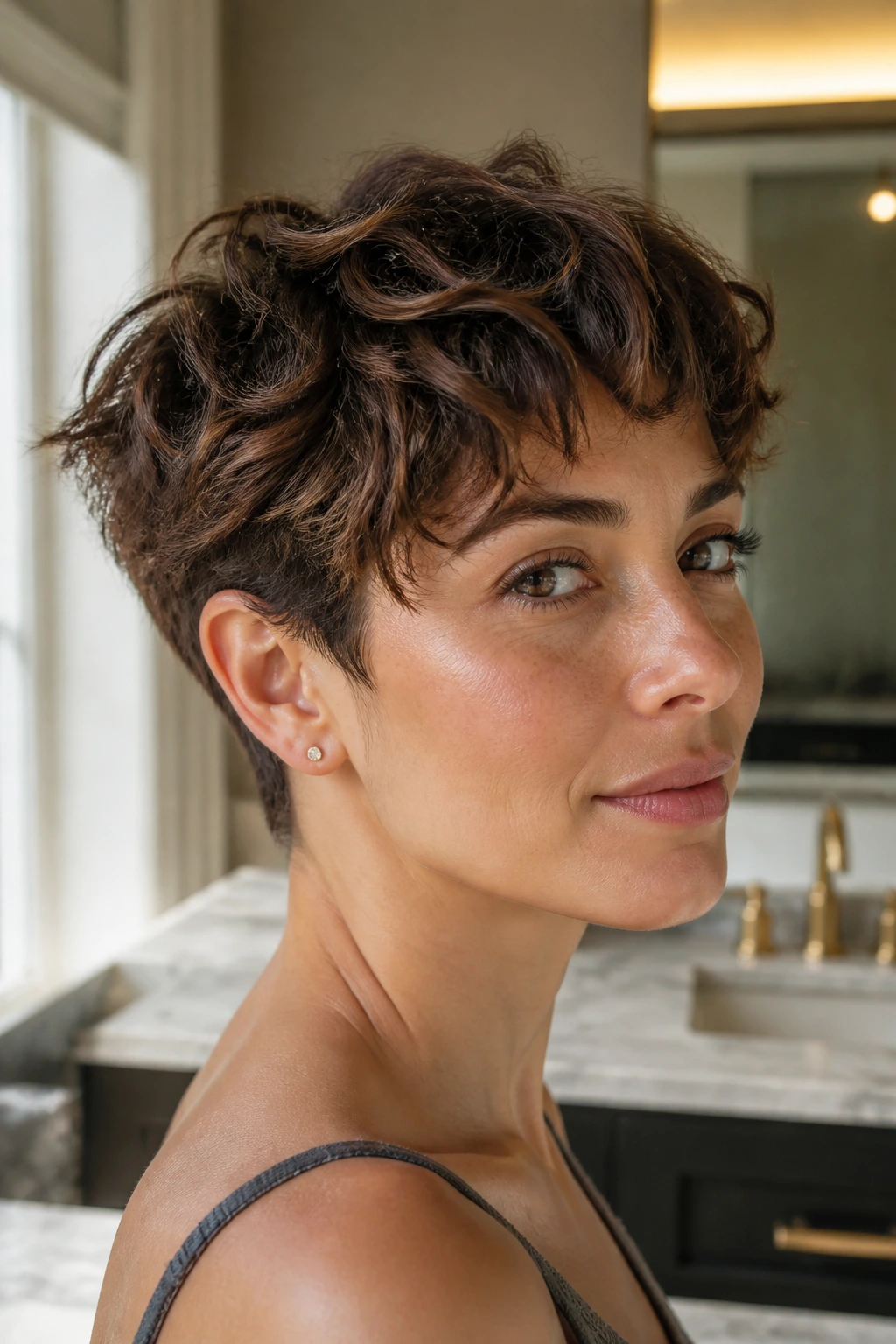 Close-up of a real woman with bixie cut and tapered nape highlighting wave texture.