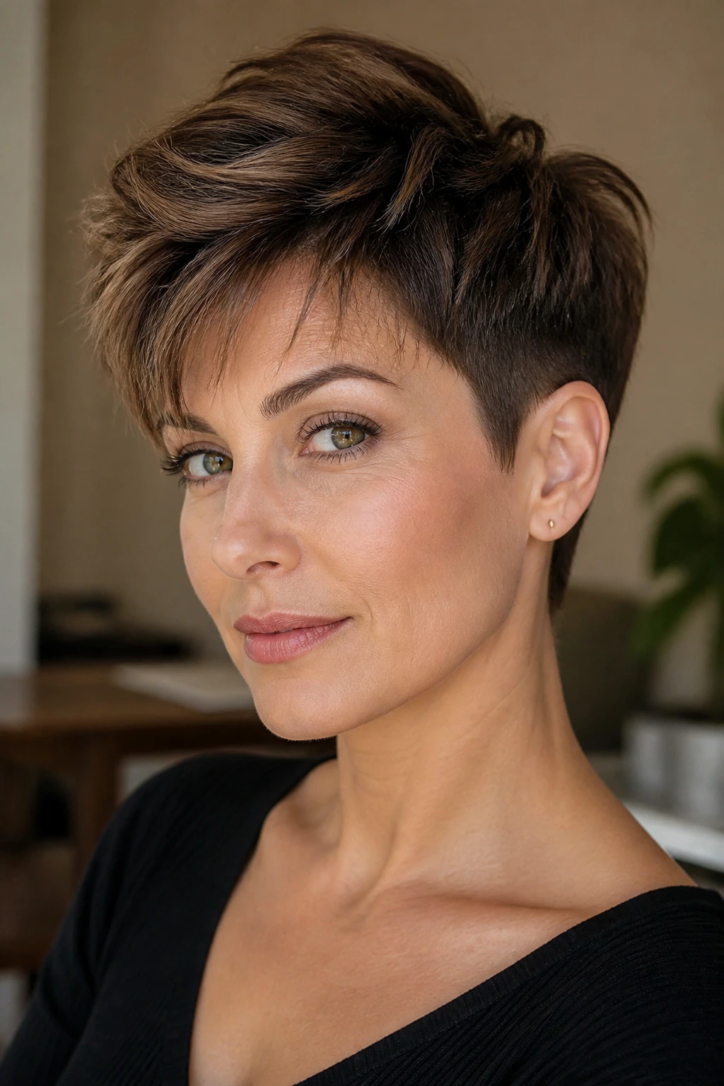 Portrait of a real woman with a bixie hairstyle showing tapered sides and longer crown.