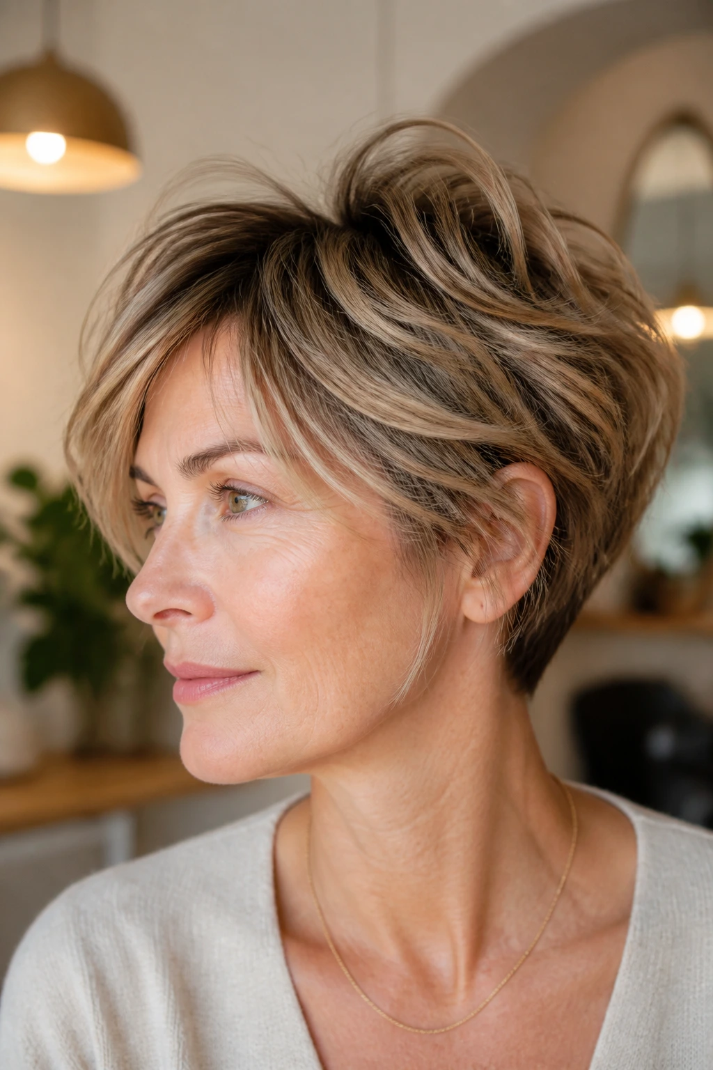 Close-up portrait of a woman with bixie haircut and longer top pieces
