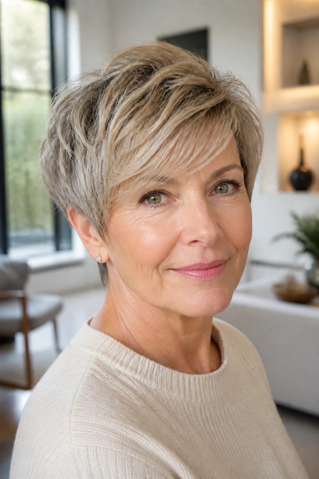 Real woman with bixie hairstyle featuring longer top for thinning hair