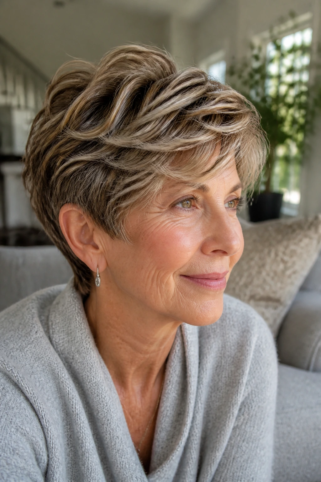 Close-up portrait of a real woman with a bixie hairstyle featuring longer top and subtle lowlights