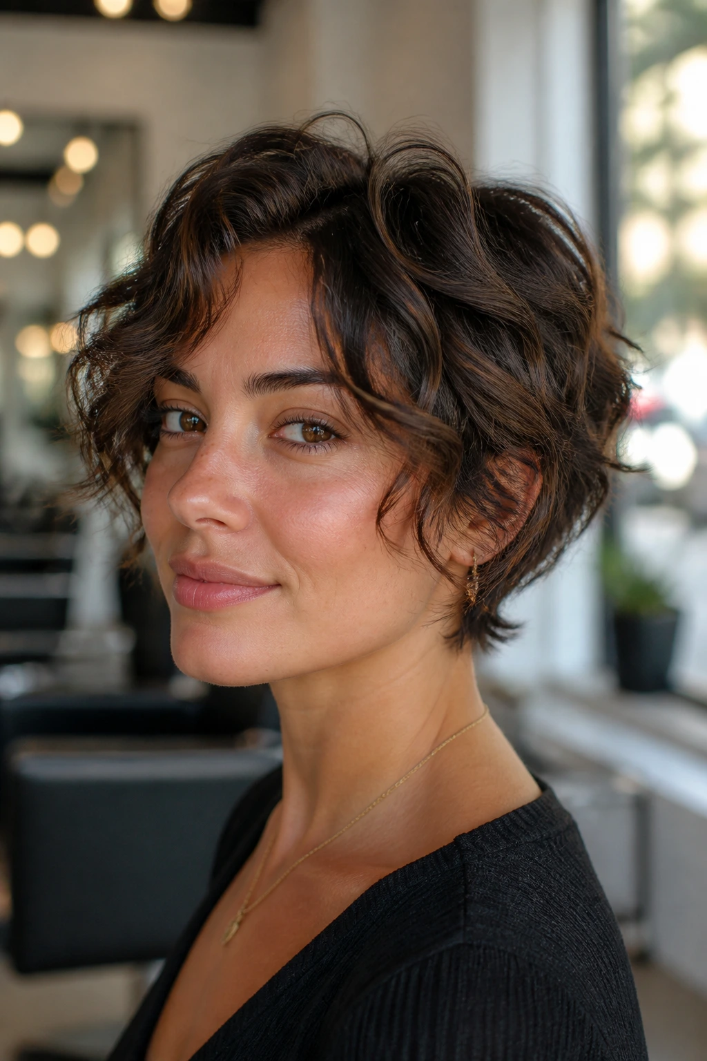 Close-up portrait of a real woman with bixie for loose curls.