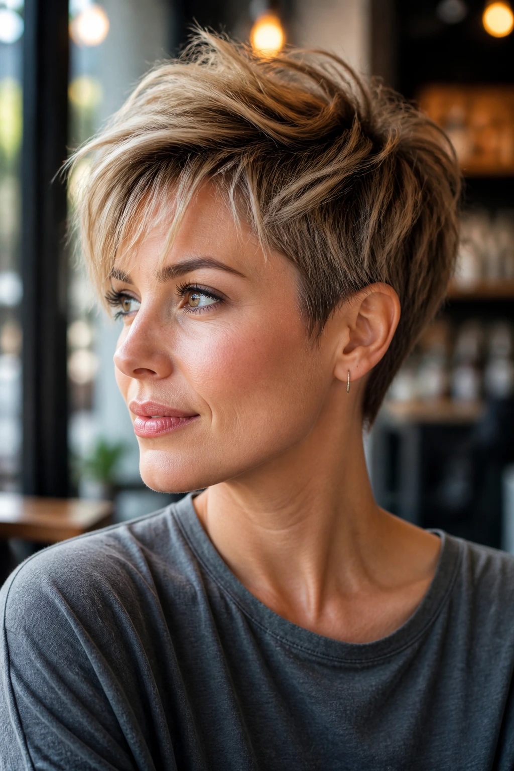 Portrait of a real person with bixie cut and piecey crown lift, natural light