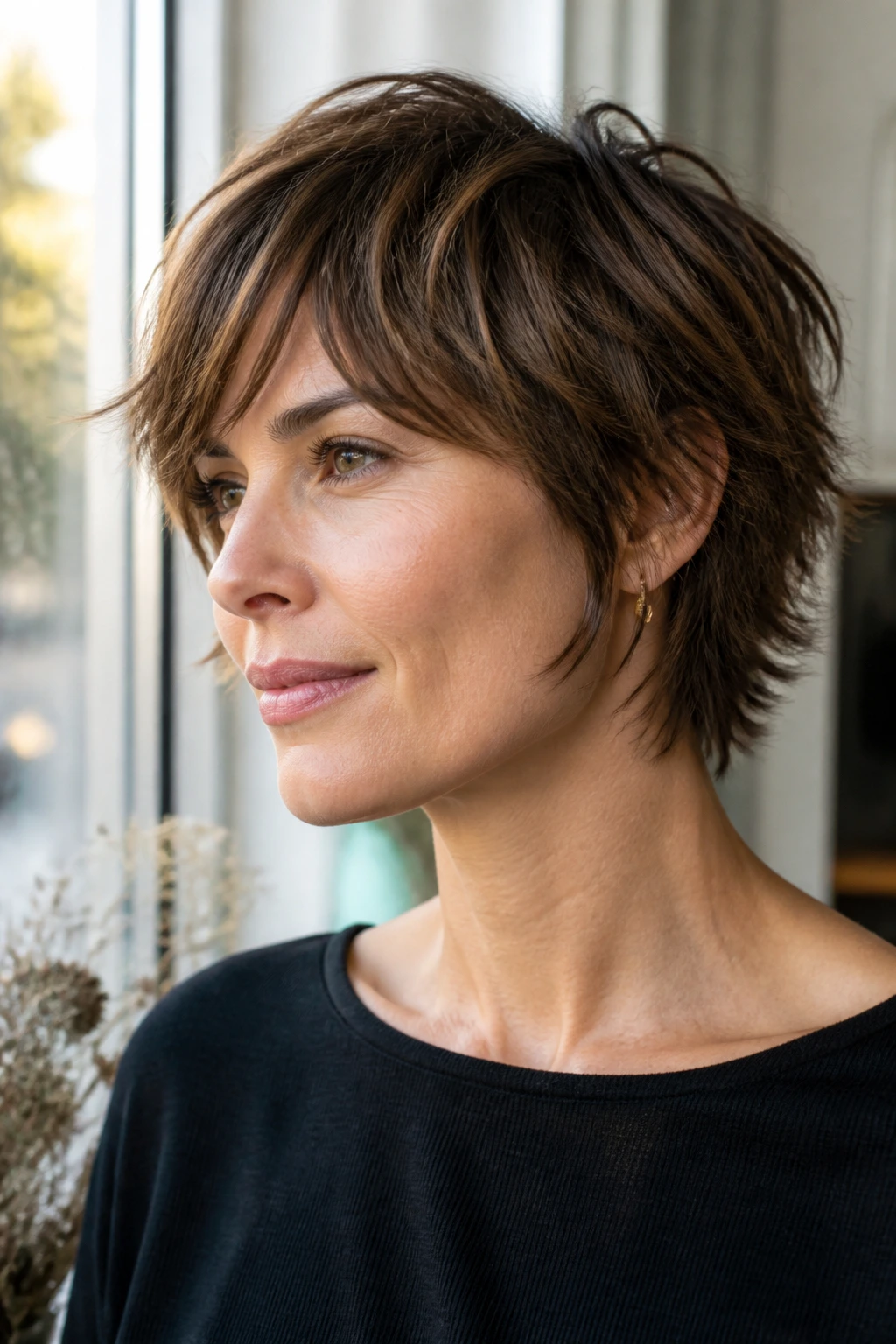 Close-up portrait of a real woman with a bixie cut and piecey ends
