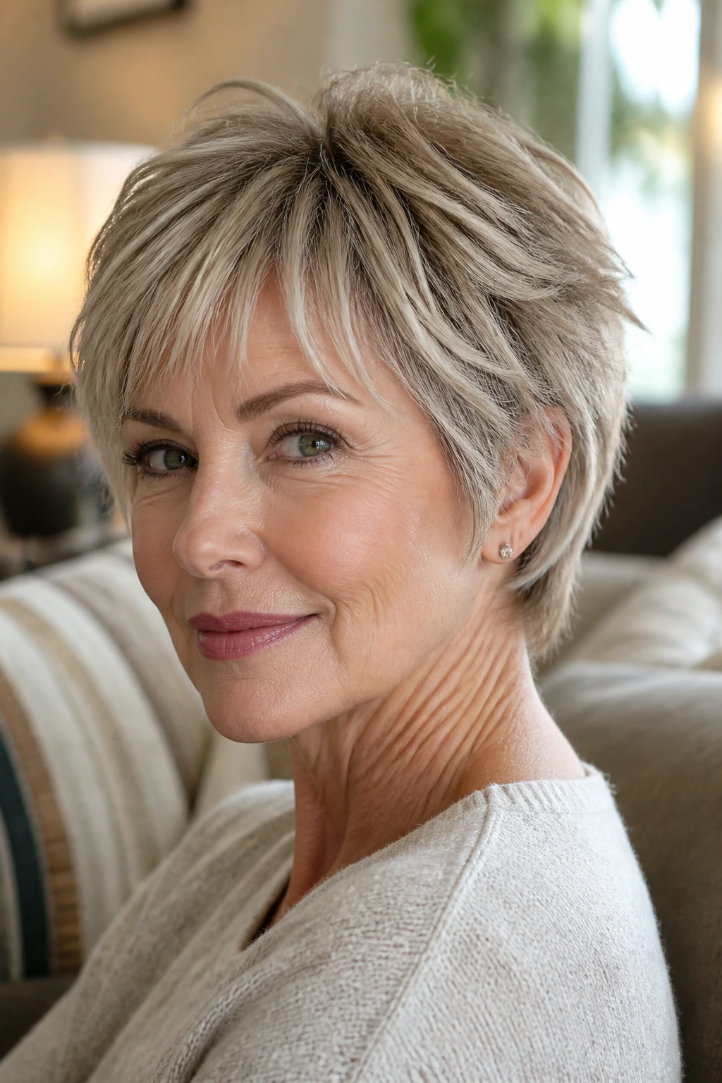 Close-up portrait of a real woman with bixie haircut and piecey ends
