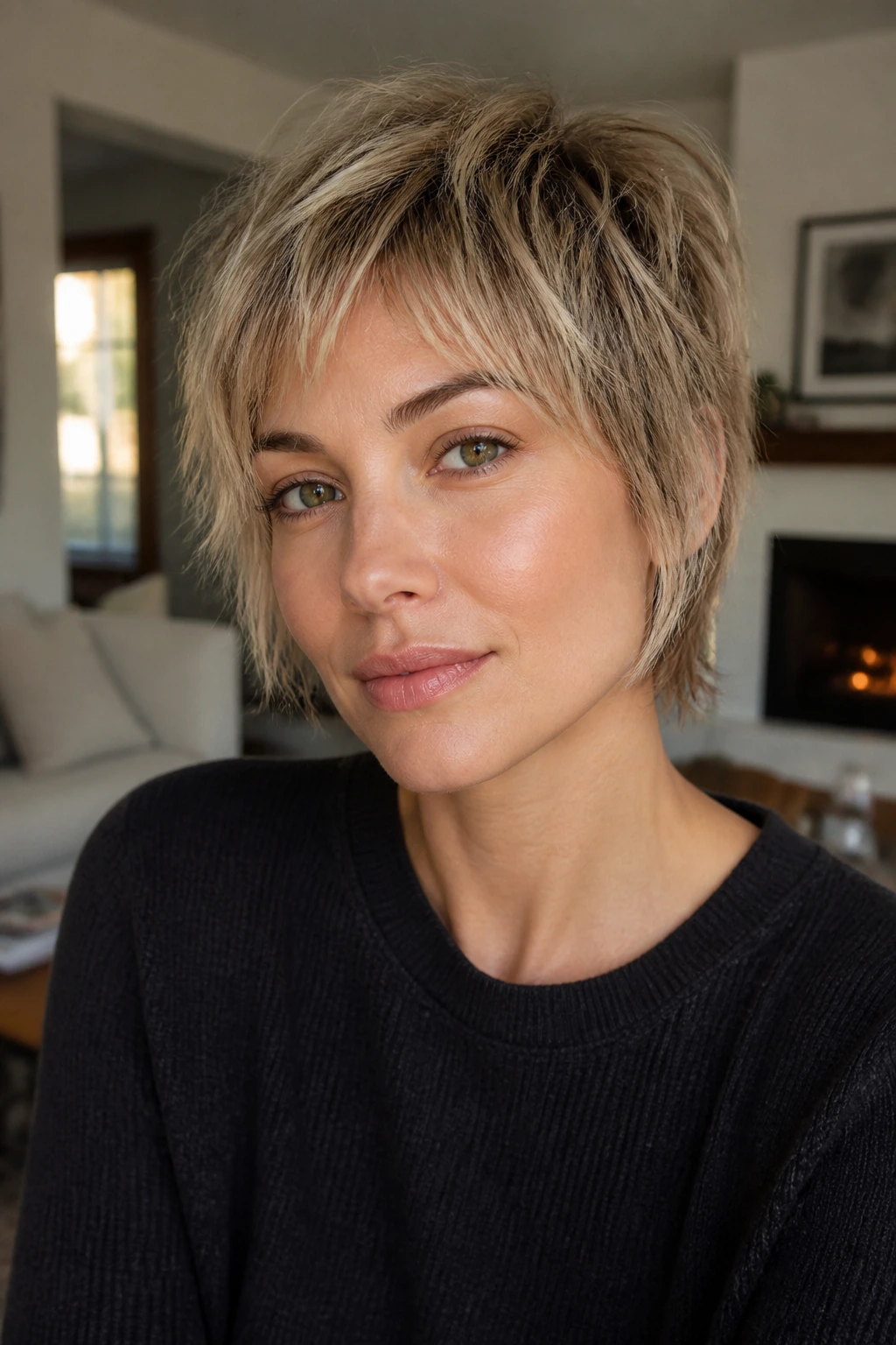 Portrait of a real woman with bixie hairstyle and piecey ends.