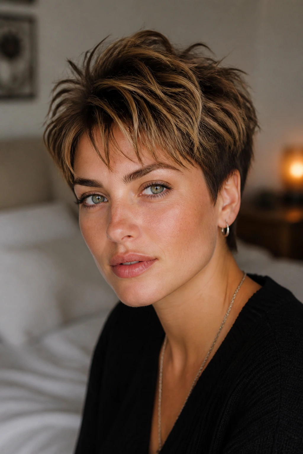 Close-up of a real woman with a bixie hairstyle featuring a piecey top on thick hair and a square face