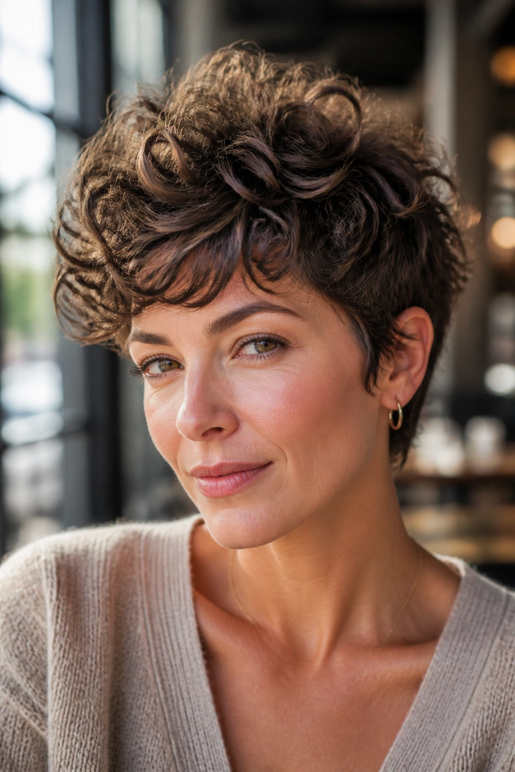 Portrait of a real woman with bixie pixie and crown-length curls