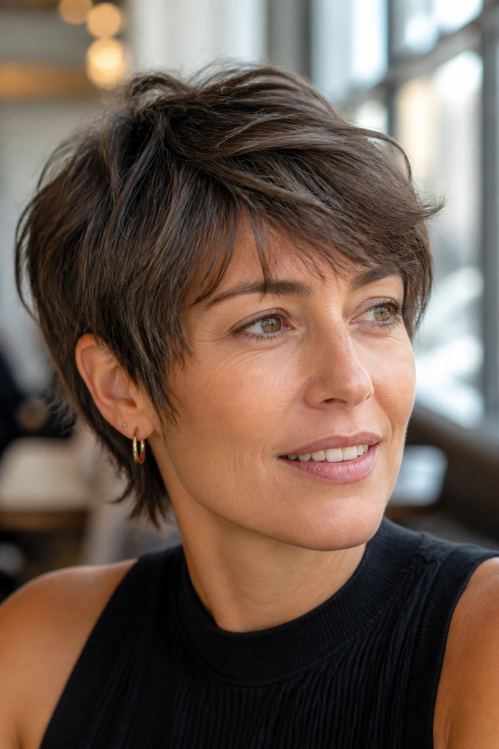 Portrait of a real woman with a grown-out bixie pixie showing longer top and ears, in bright indoor light.