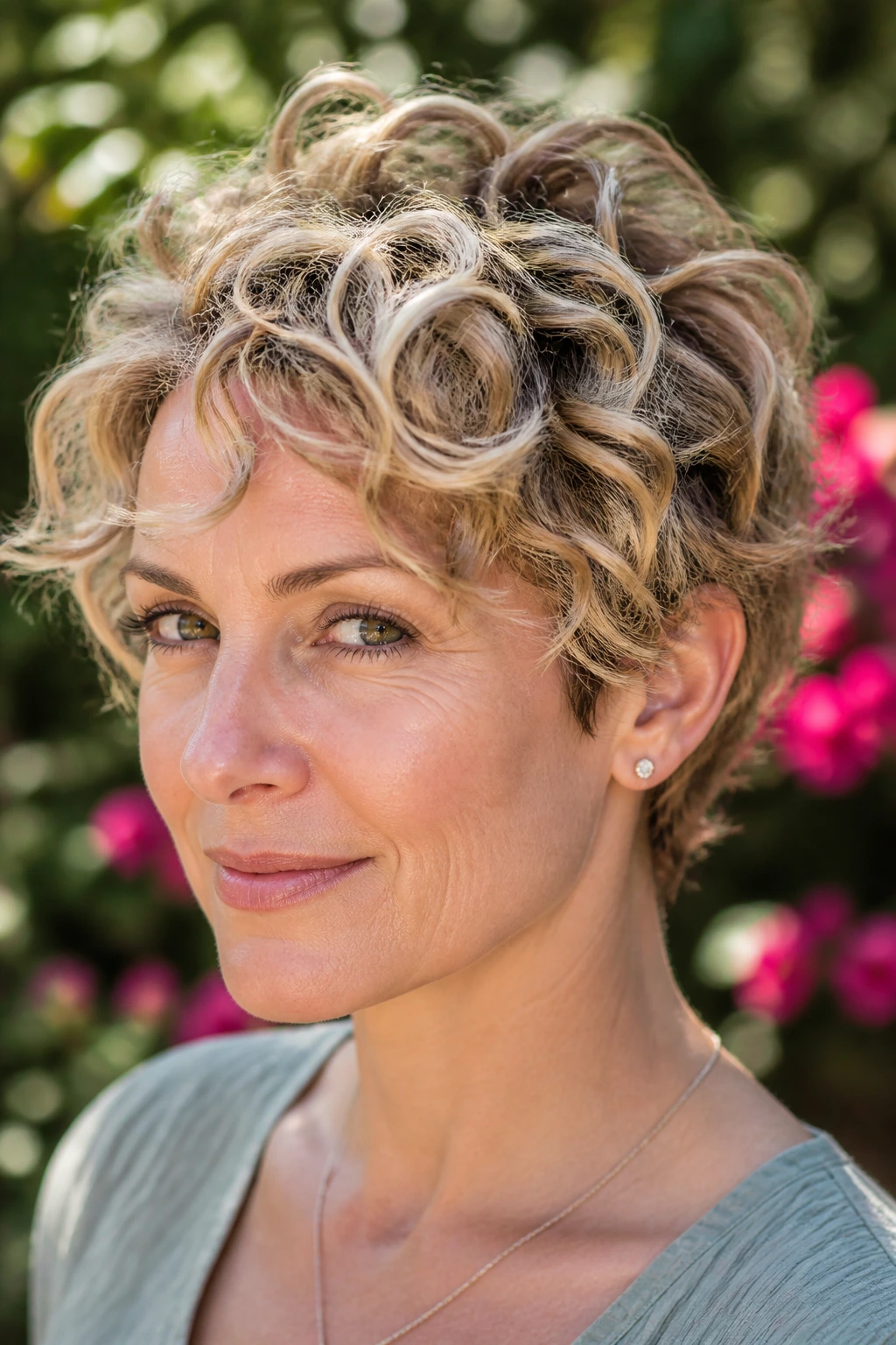Close-up portrait of a real woman with bixie pixie bob and soft lowlights