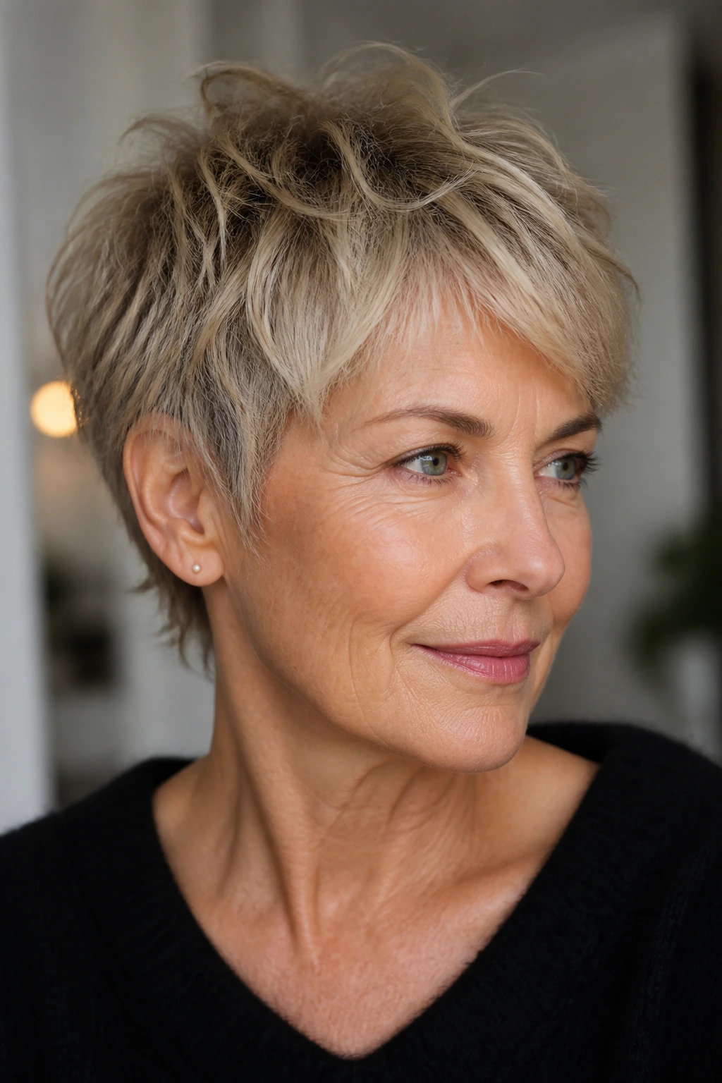 Portrait of a real woman with a bixie cut and broken ends
