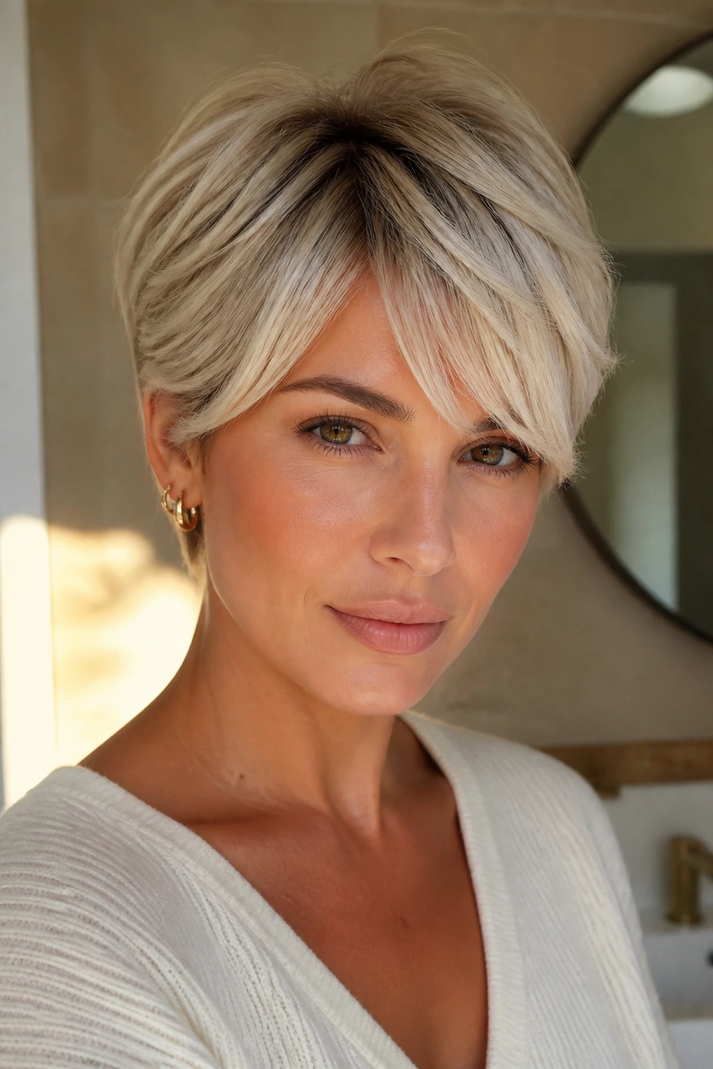 Close-up of a real person with a warm platinum bixie and root shadow in a warm-light bathroom setting.