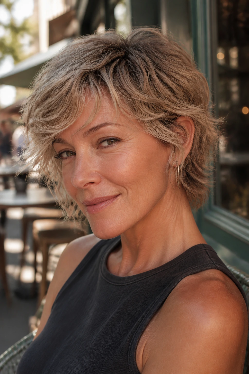 Close-up of real woman wearing a bixie-inspired shag bob with cropped sides and neck exposed