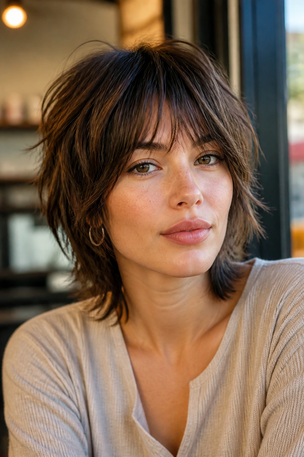 Close-up portrait of a real woman with bixie shag and bottleneck bangs in warm cafe window light