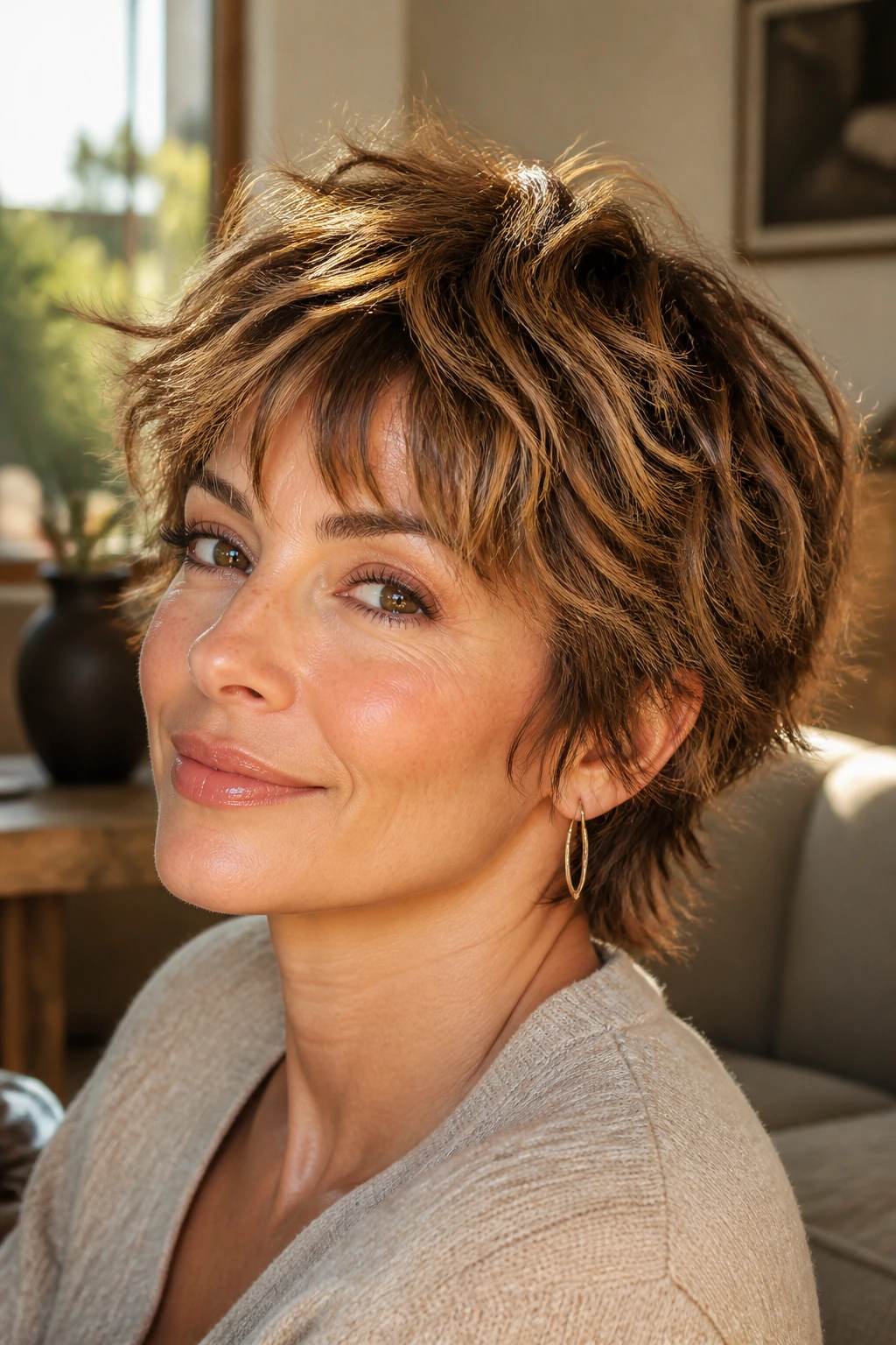 Close-up portrait of a real woman with bixie shag and caramel highlights