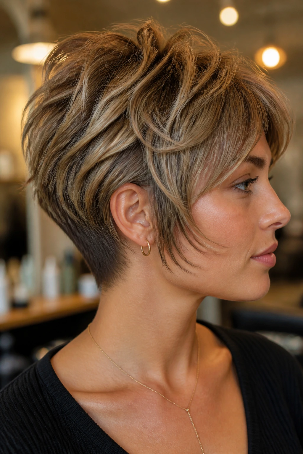 Close-up portrait of a real person with bixie shag showing feathered sides and clean nape