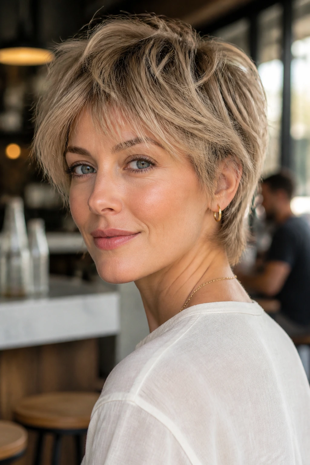 Portrait of a real woman with Bixie Shag hairstyle in a modern cafe.
