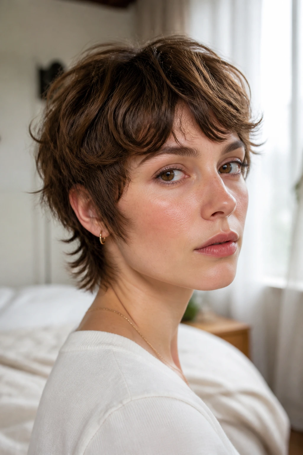Real person with bixie shag hairstyle, short choppy crown, in a sunlit bedroom.
