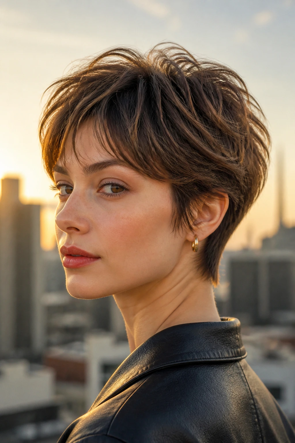 Portrait of a real person with bixie shag and tapered nape, lifted crown.