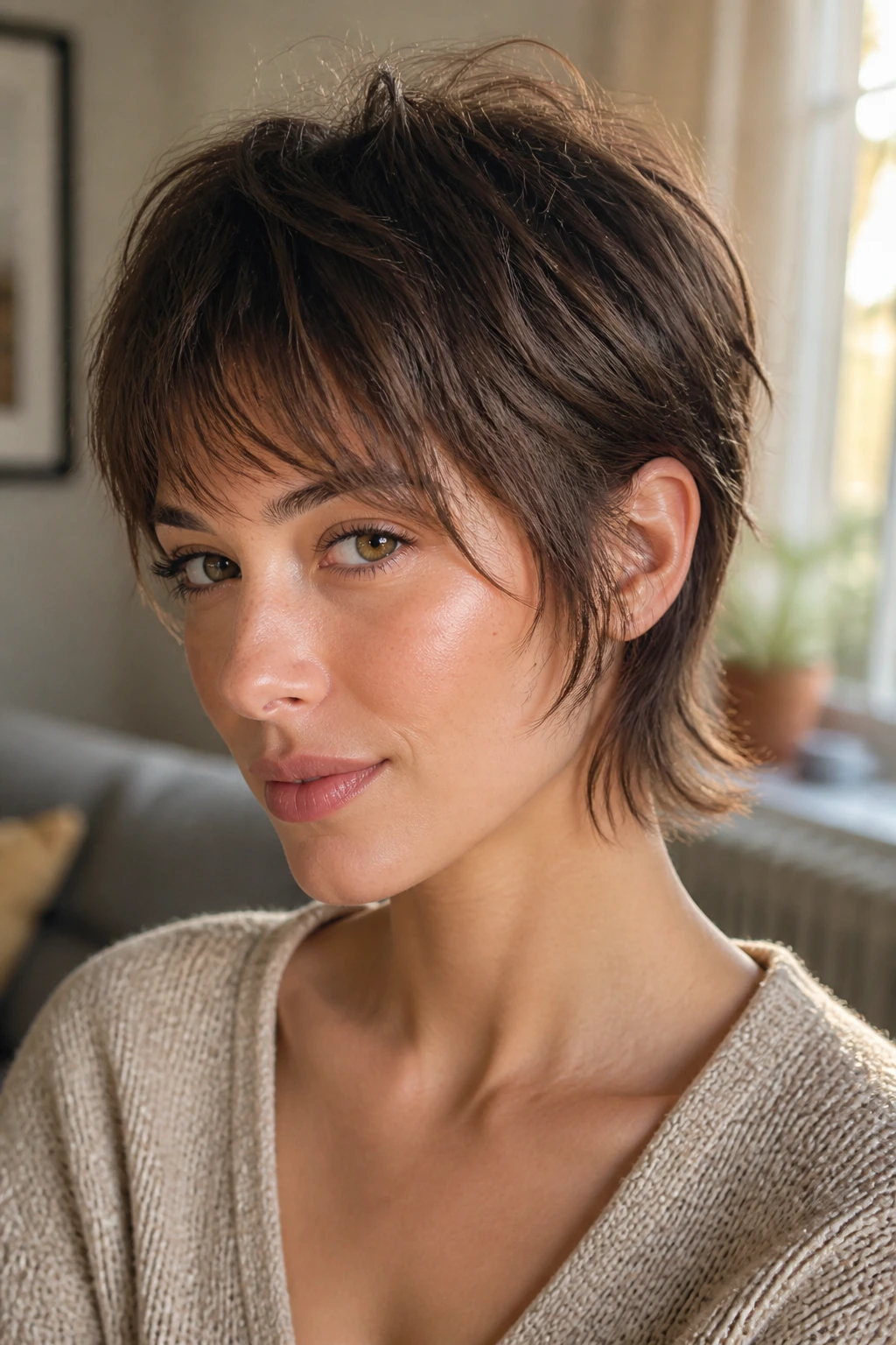 Close-up portrait of a real woman with a bixie shag and wispy temple fringe in warm window light