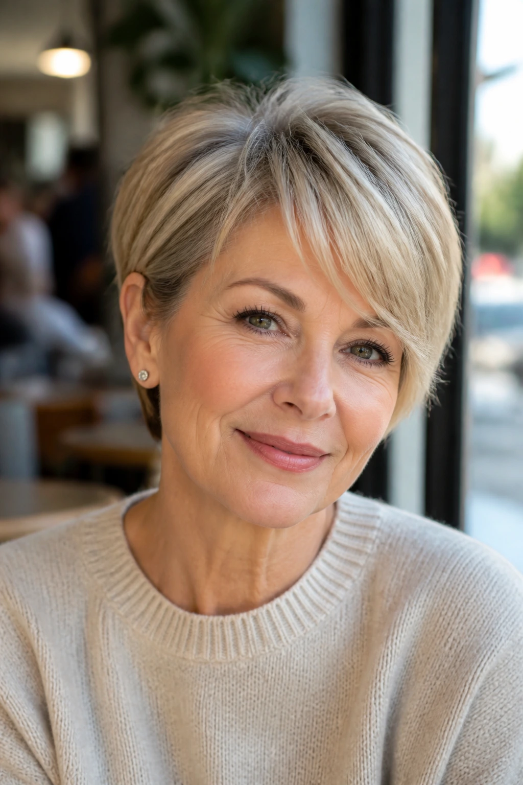 Real woman with bixie haircut and side-swept fringe