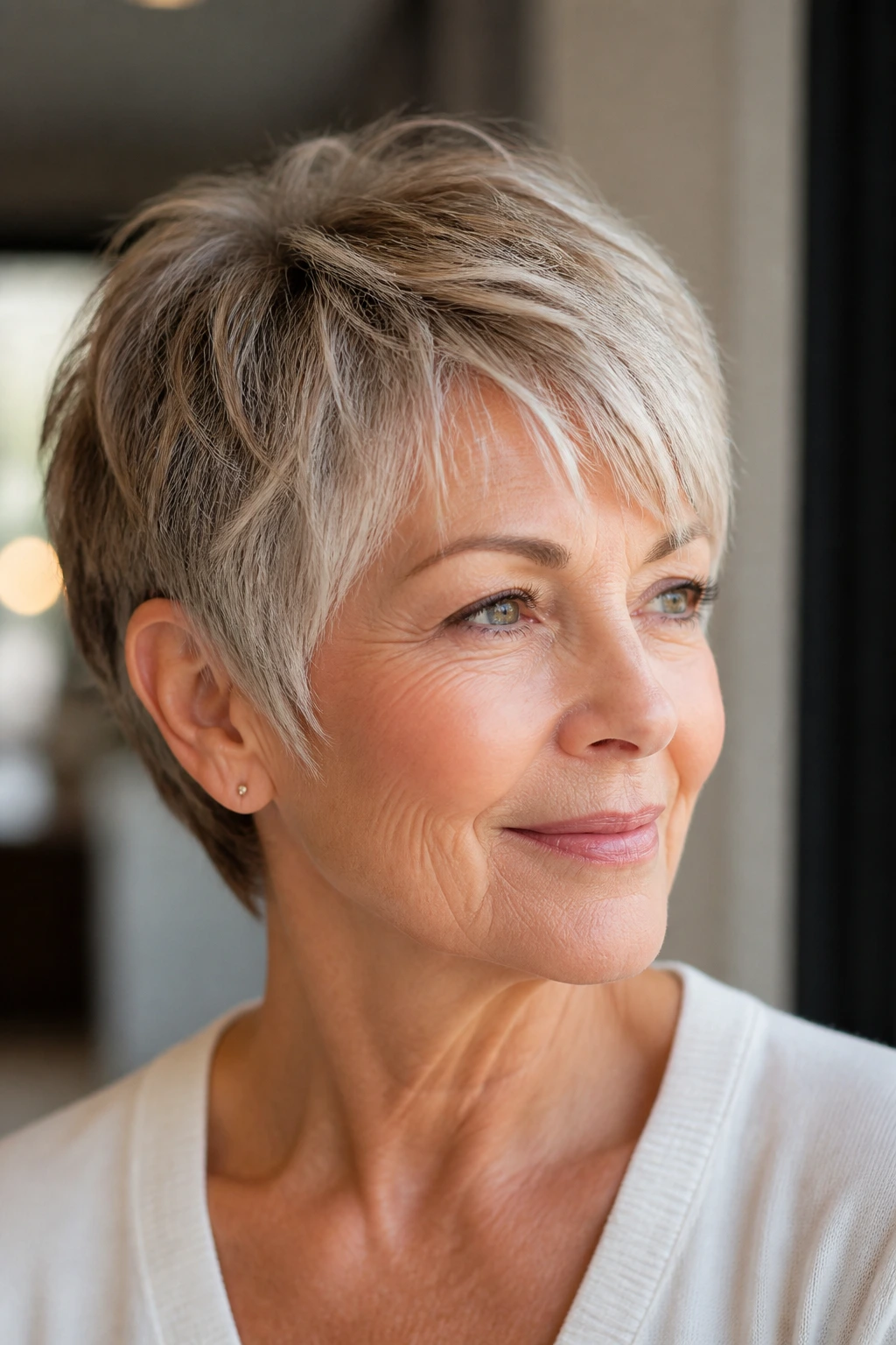 Close-up of a woman with bixie cut and soft edges in warm indoor light