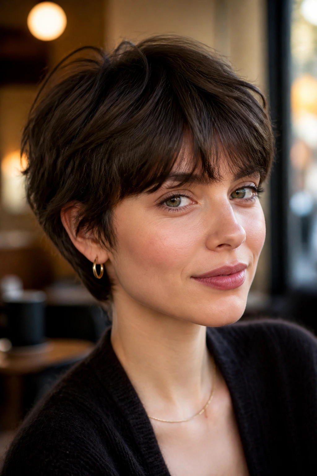 Portrait of a person with bixie hairstyle and soft fringe.