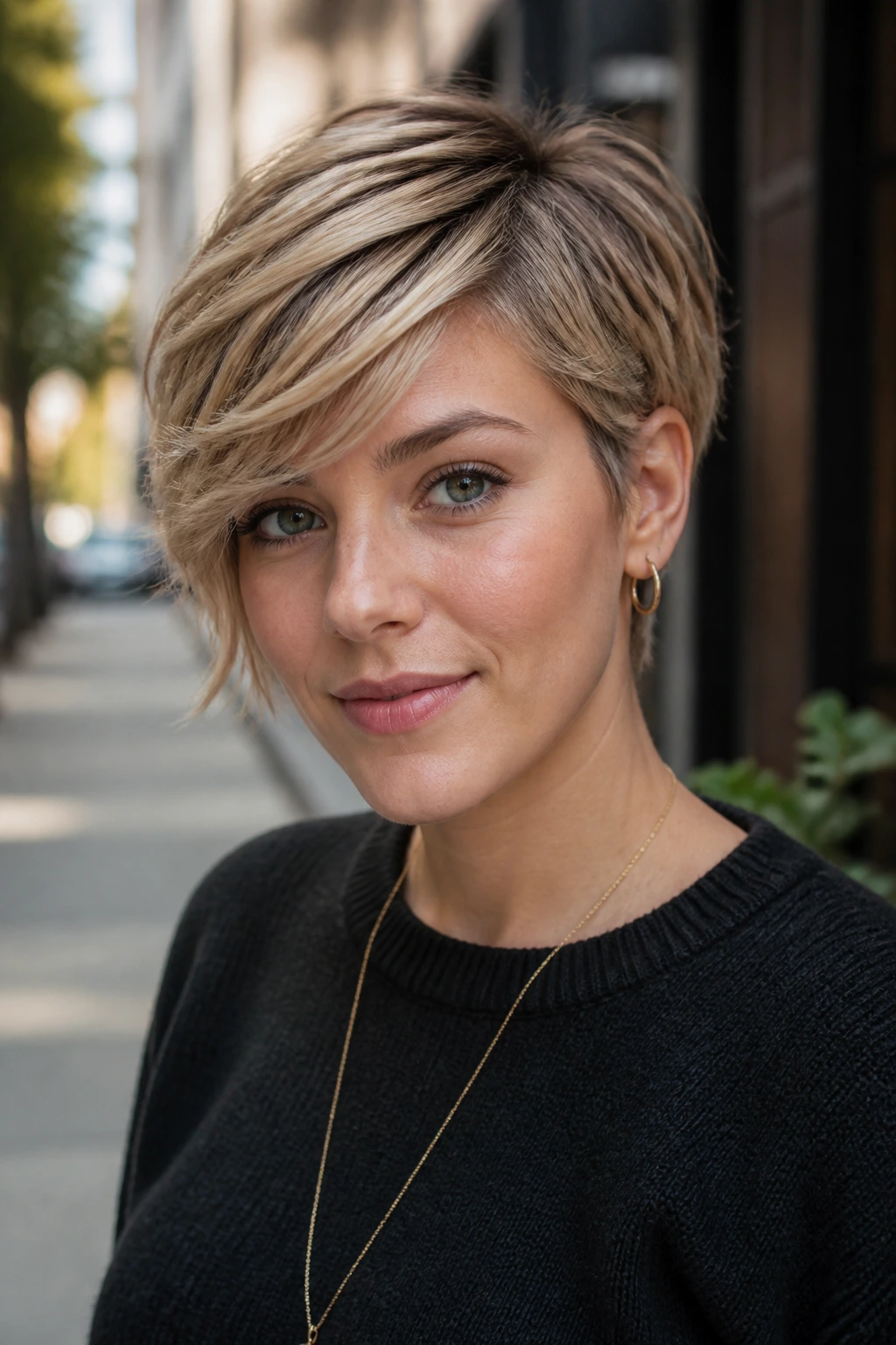Close-up of a real person with a bixie haircut and swept fringe.
