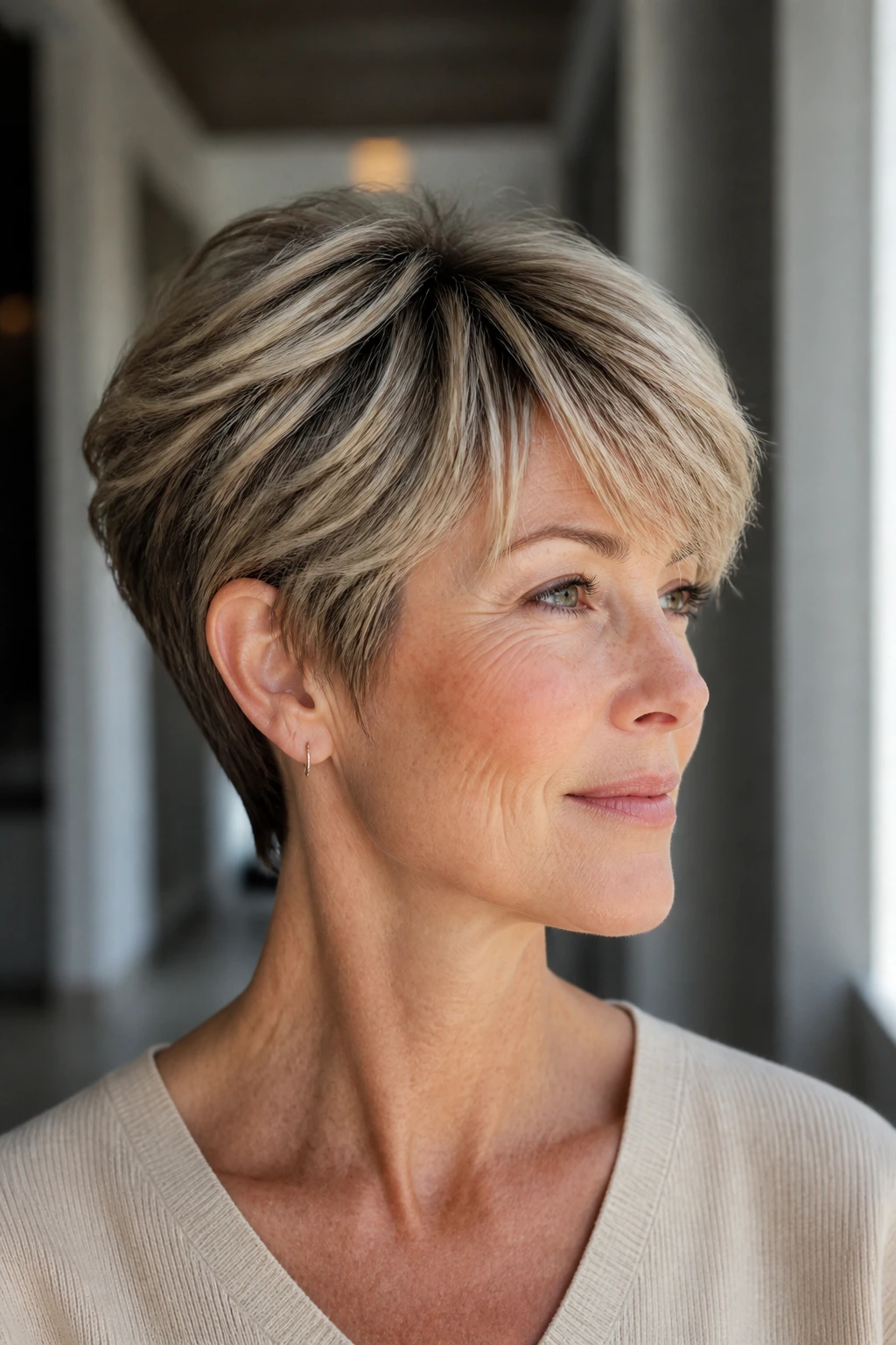 Real woman with bixie haircut and tapered nape in a bright indoor setting