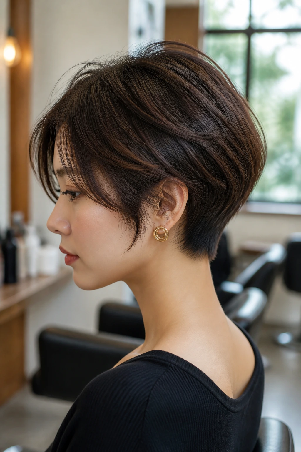 Portrait of a real person with a bixie haircut and a tapered nape.