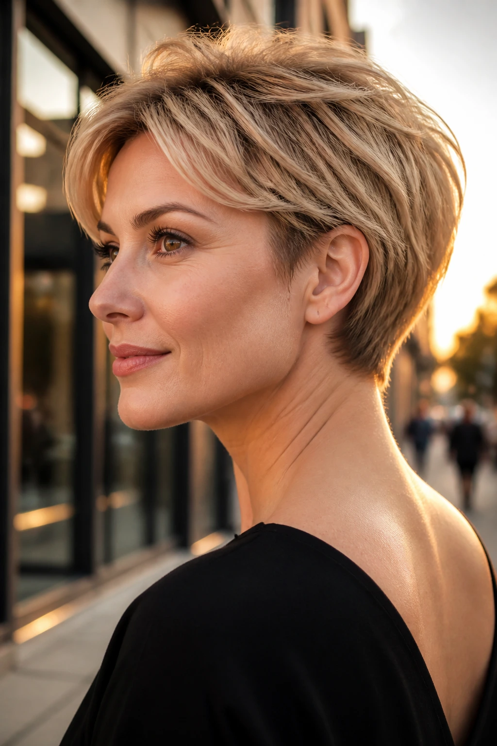 Close-up of a real woman with a bixie and tapered neckline.