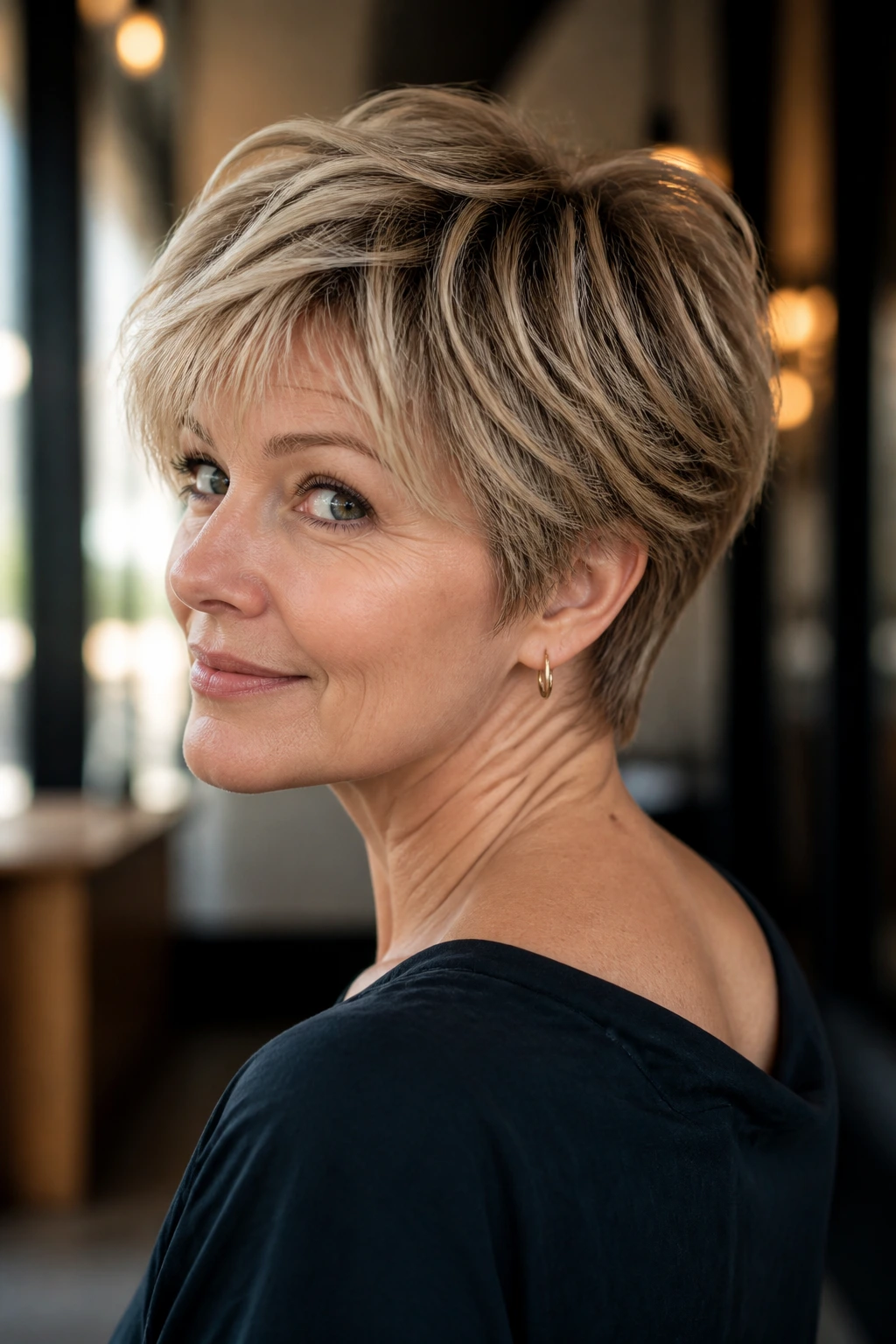 Close-up of a real woman with bixie haircut and tapered neckline.