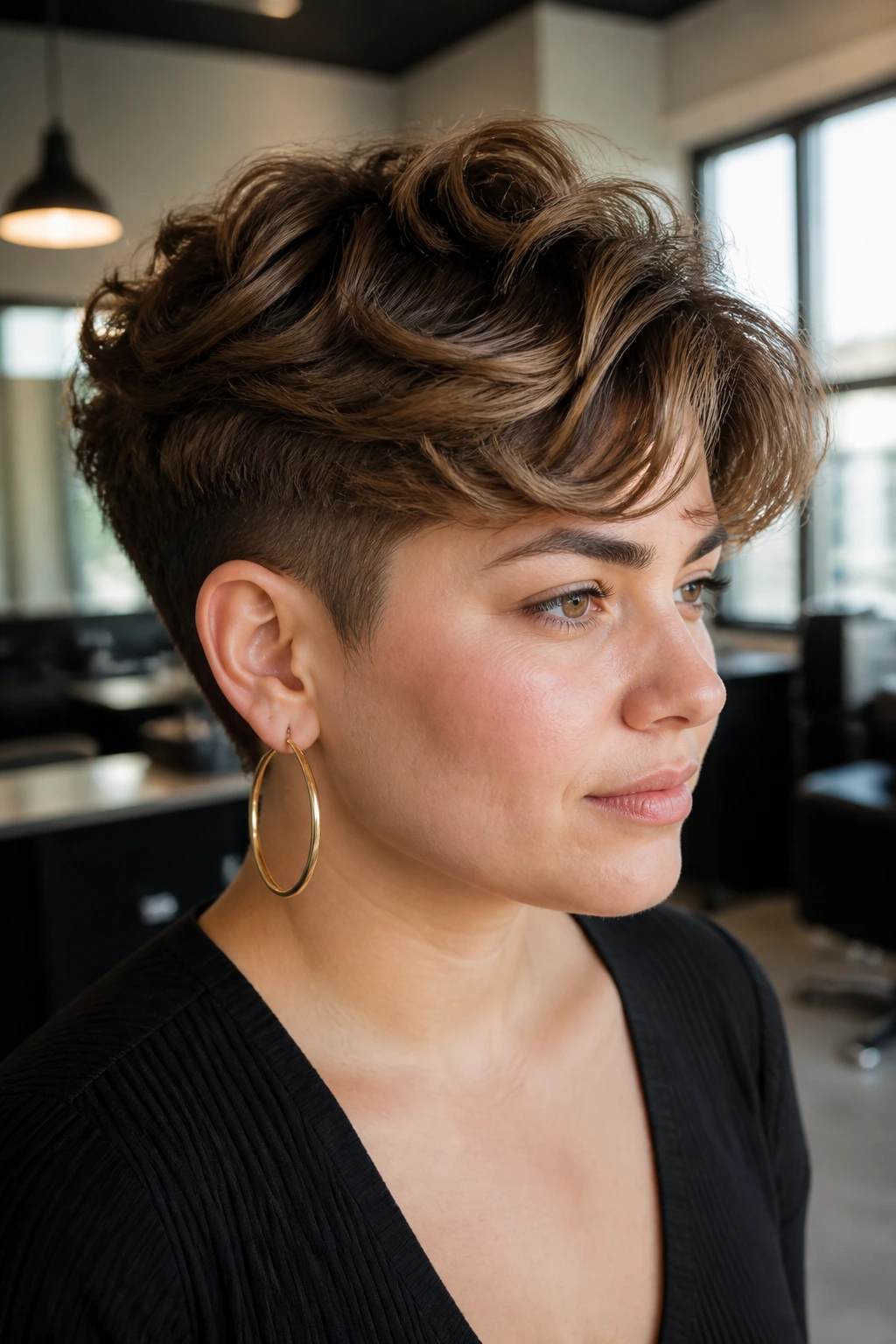 Portrait of a real woman with bixie haircut and tapered sides in a modern salon