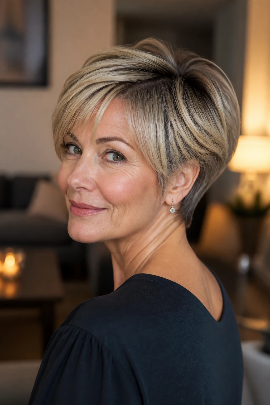 Close-up of a woman with a bixie haircut and tucked nape in a cozy living room.
